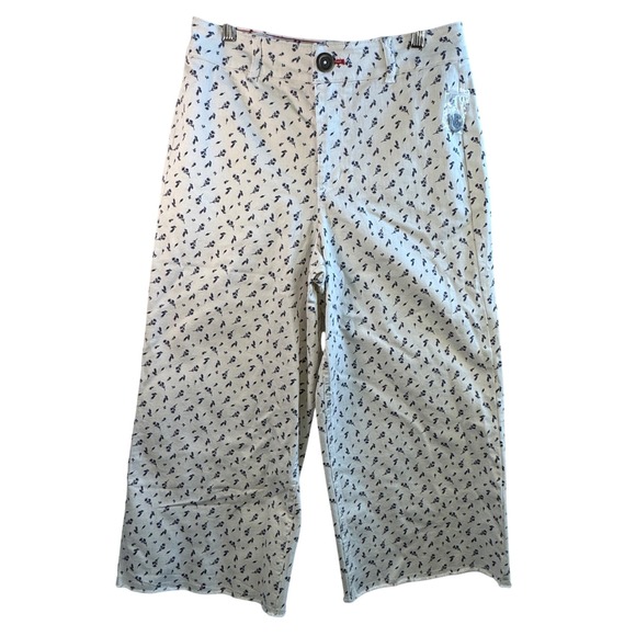 Peace Love World Pants - Peace Love World Floral Wide Leg Crop Pants Cotton Stretch Cream Navy Size 8 NEW